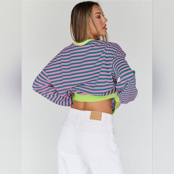☔️🔹️NWT Neon & Striped Drop Shoulder Oversized Sweatshirt Medium - Picture 3 of 14